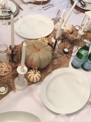 thanksgiving tablescape with white and burlap