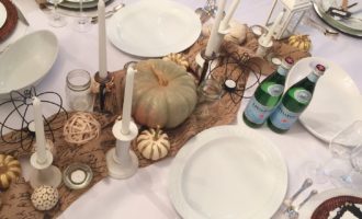 thanksgiving tablescape with white and burlap