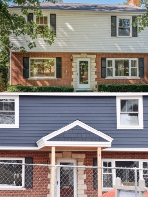 Blue siding with red brick