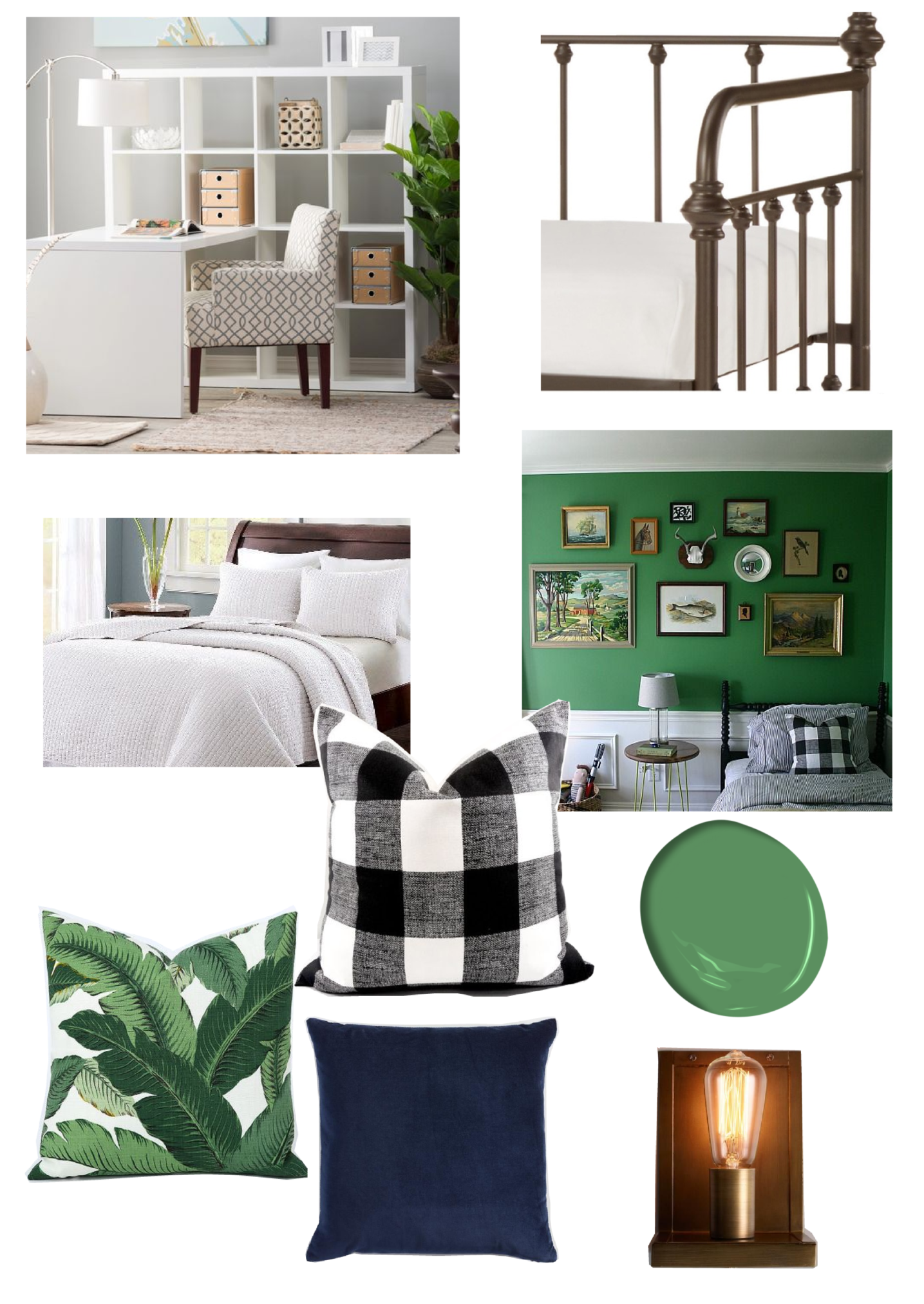 One Room Challenge Home Office and Guest Room makeover, this Modern vintage inspired space with a pop of bunker hill green. More at www.homewithkeki.com #oneroomchallenge #homeoffice #interiors #guestroom #moodboards