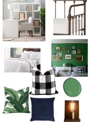 One Room Challenge Home Office and Guest Room makeover, this Modern vintage inspired space with a pop of bunker hill green. More at www.homewithkeki.com #oneroomchallenge #homeoffice #interiors #guestroom #moodboards