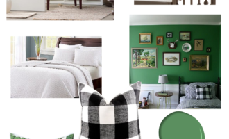 One Room Challenge Home Office and Guest Room makeover, this Modern vintage inspired space with a pop of bunker hill green. More at www.homewithkeki.com #oneroomchallenge #homeoffice #interiors #guestroom #moodboards