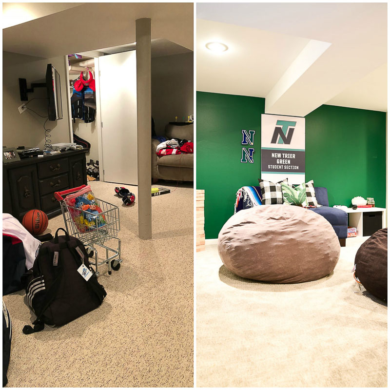 How I transformed our basement in to a teen hangout room and created a home office for my husband during the one room challenge is on the blog, for more visit www.homewithkeki.com #oneroomchallenge #teenroom #homeoffice Sherwin-Williams Derbyshire Green, Sherwin-Williams Repose Gray