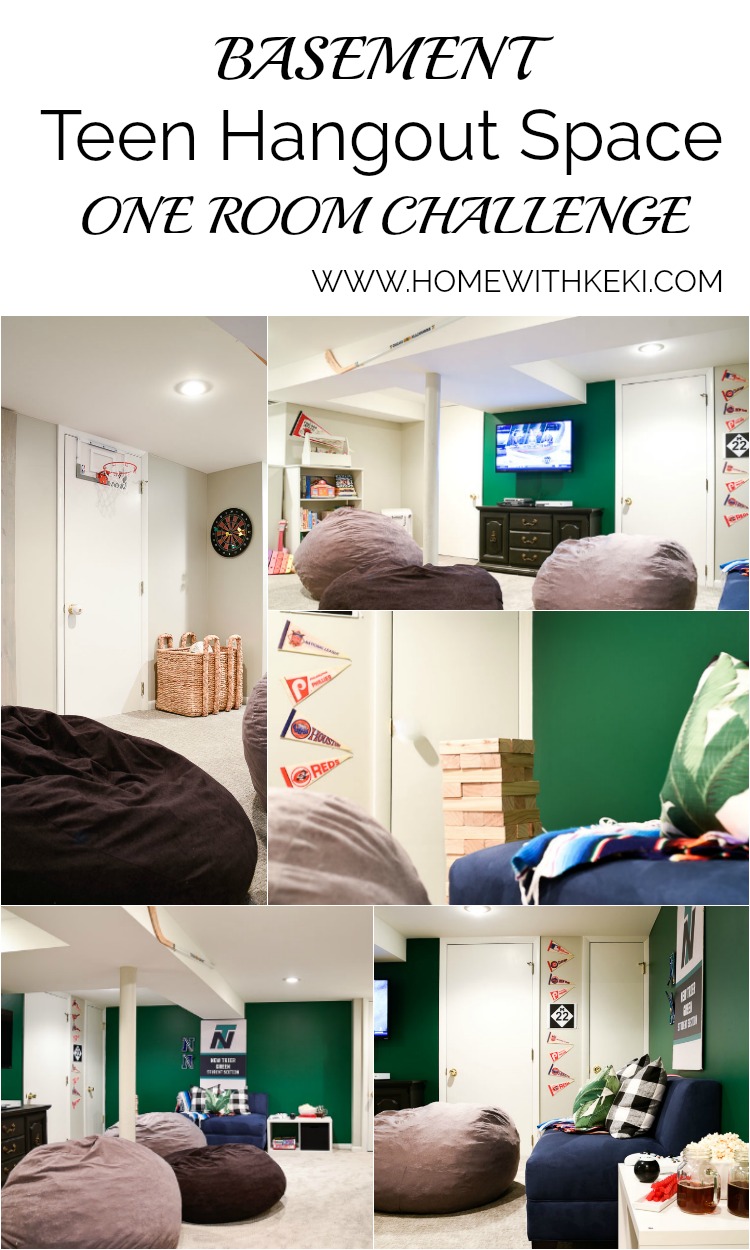 How I transformed our basement in to a teen hangout room and created a home office for my husband during the one room challenge is on the blog, for more visit www.homewithkeki.com #oneroomchallenge #teenroom #homeoffice