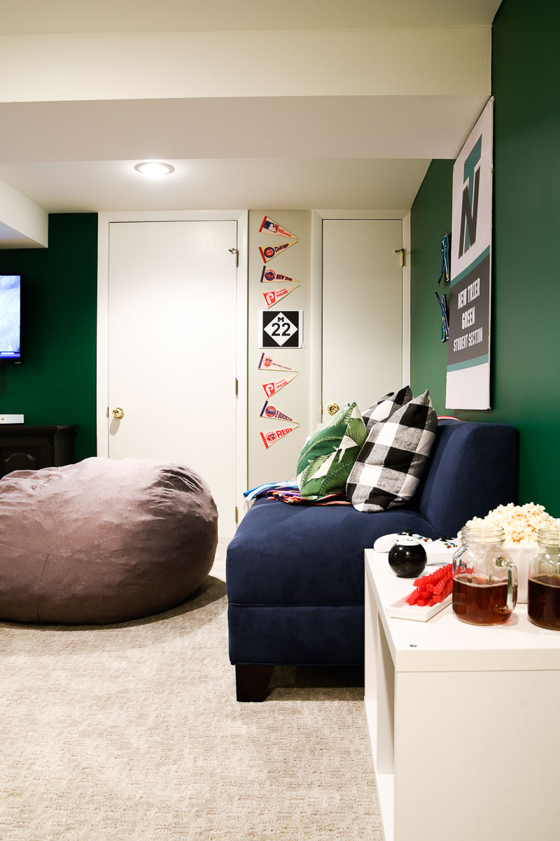 How I transformed our basement in to a teen hangout room and created a home office for my husband during the one room challenge is on the blog, for more visit www.homewithkeki.com #oneroomchallenge #teenroom #homeoffice Sherwin-Williams Derbyshire Green, Sherwin-Williams Repose Gray