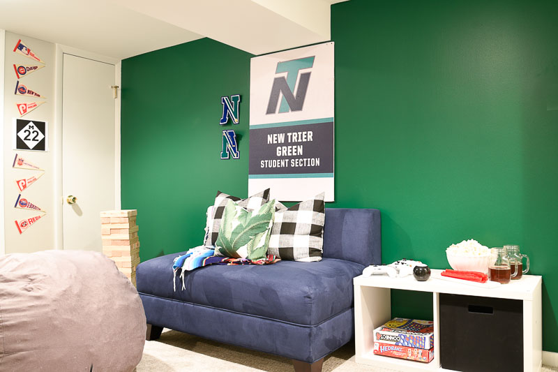 How I transformed our basement in to a teen hangout room and created a home office for my husband during the one room challenge is on the blog, for more visit www.homewithkeki.com #oneroomchallenge #teenroom #homeoffice Sherwin-Williams Derbyshire Green, Sherwin-Williams Repose Gray