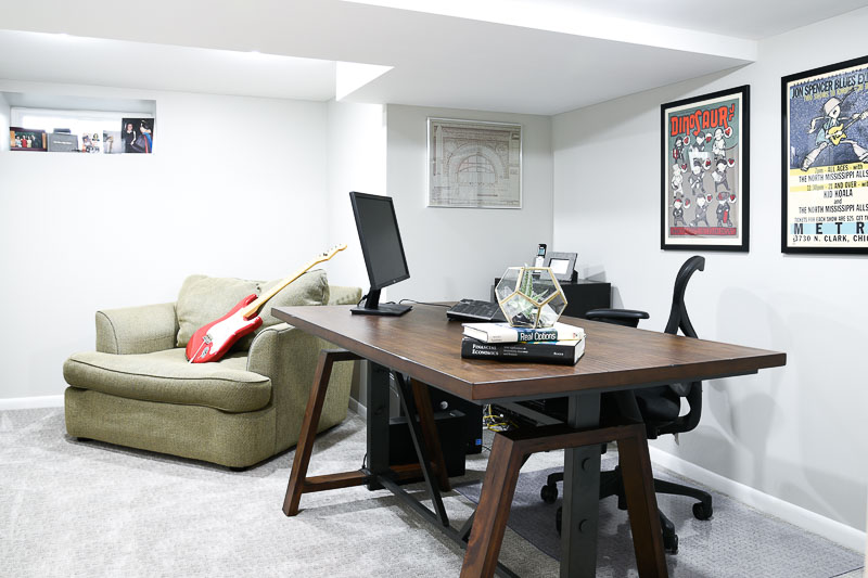 How I transformed our basement in to a teen hangout room and created a home office for my husband during the one room challenge is on the blog, for more visit www.homewithkeki.com #oneroomchallenge #teenroom #homeoffice Sherwin-Williams Derbyshire Green, Sherwin-Williams Repose Gray