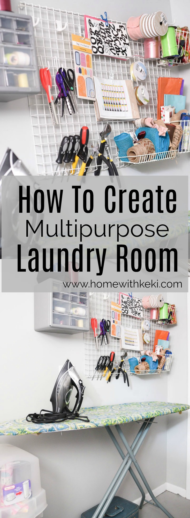 How to add a craft area, gift wrapping table in your home and create a multipurpose laundry room, for more visit www.homewithkeki.com #laundryroom #craftroom #designtips