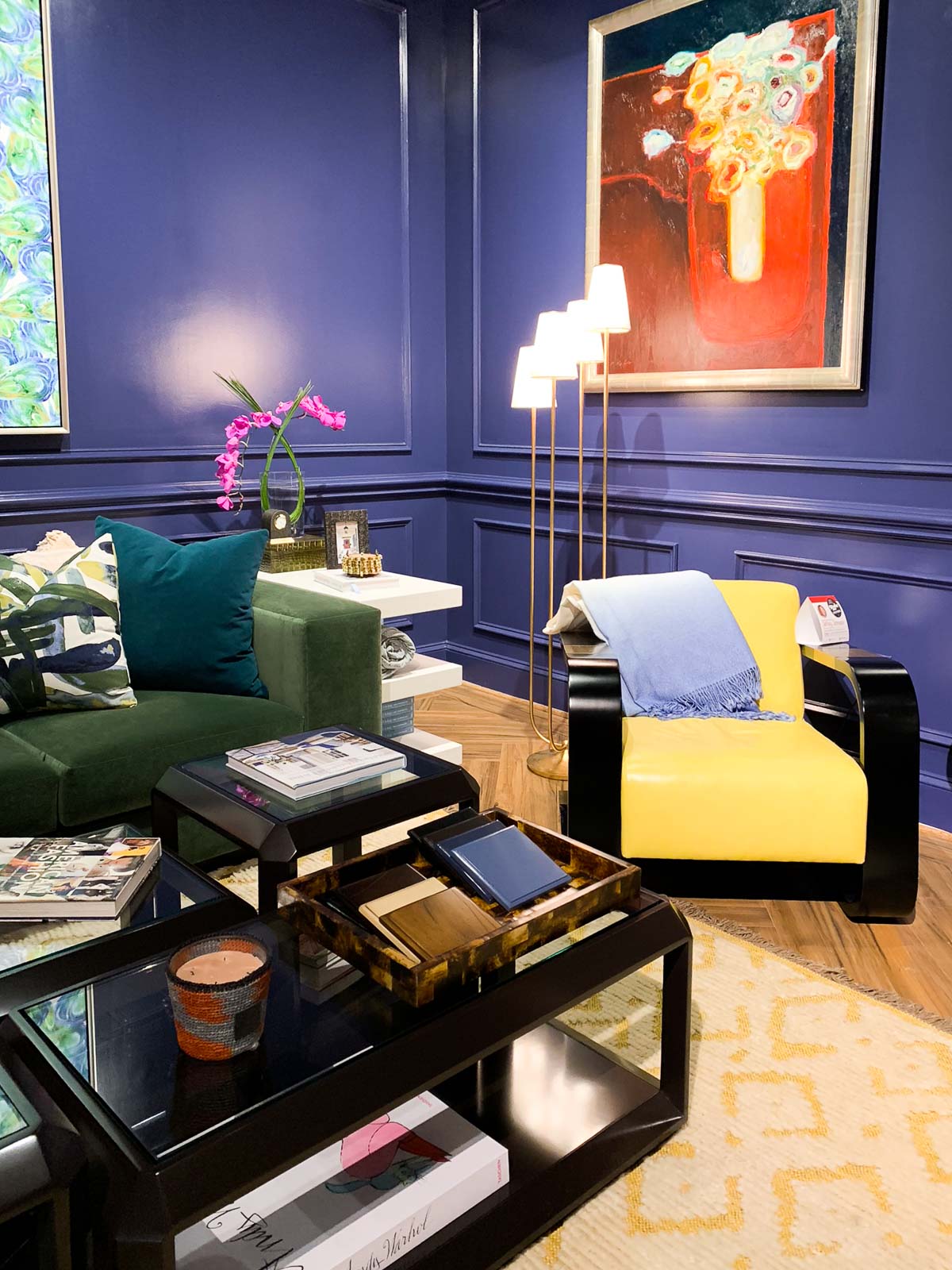 blue walls green sofa black coffee table #interiors #livingrooms