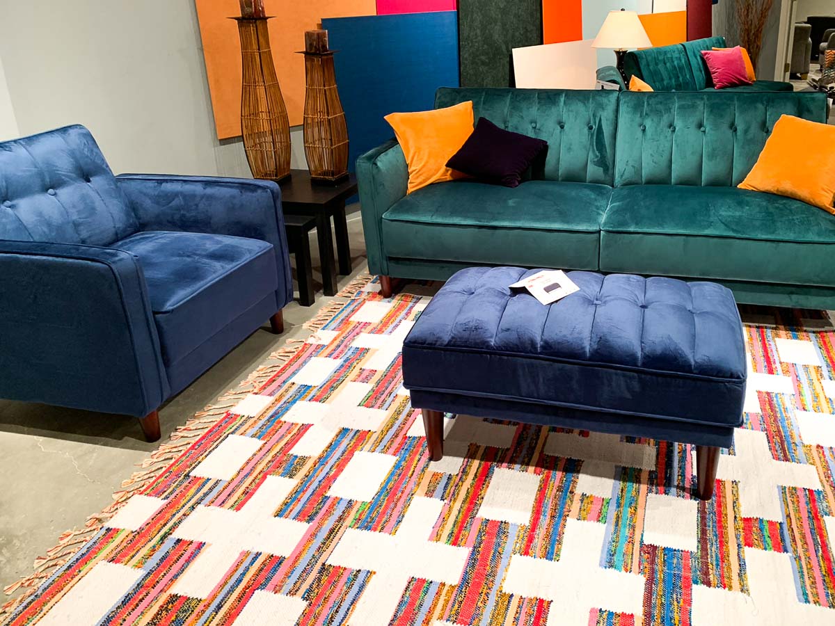 green sofa blue chair blue ottoman #interiors #livingrooms