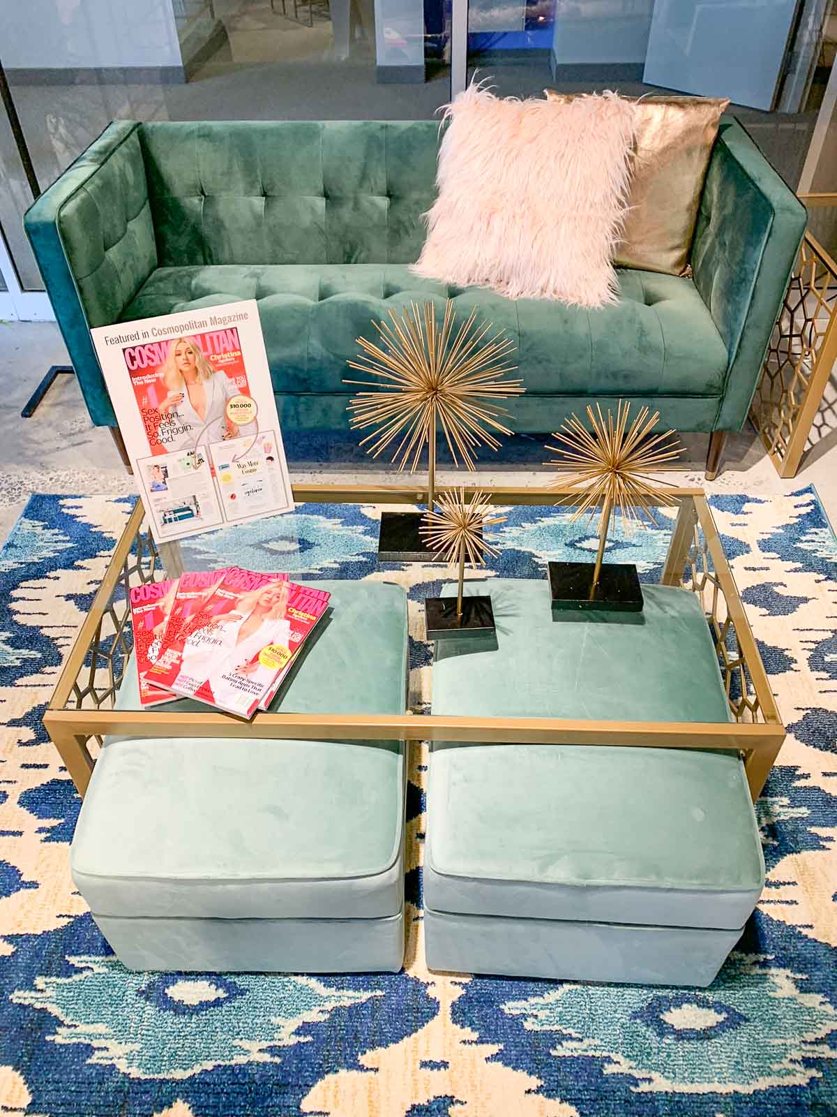 brass coffee table green sofa #interiors #design