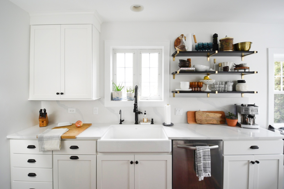 quartz kitchen white kitchen open shelves #design #kitchendesign