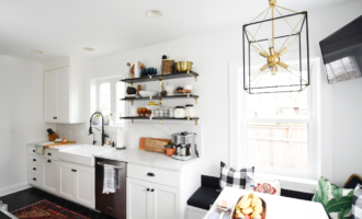 quartz kitchen white kitchen open shelves #design #kitchendesign