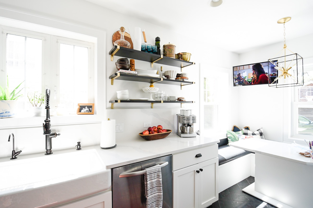 kitchen shelf open kitchen shelf design black and white kitchen white kitchen countertops #quartzkitchen #kitchenshelves