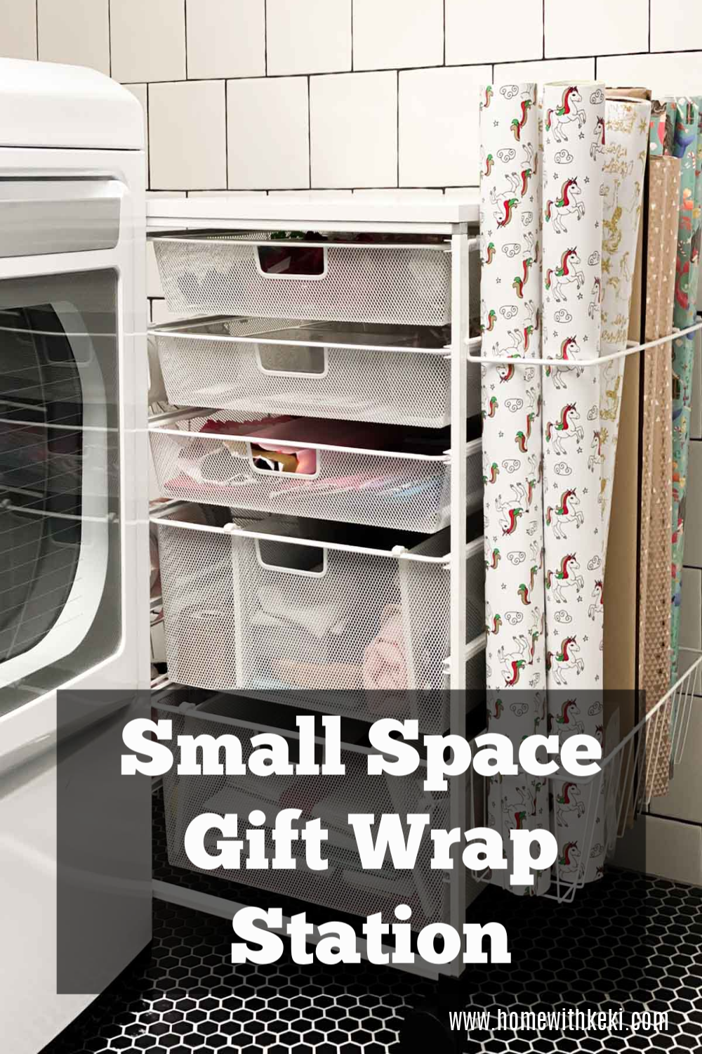 gift wrap cart gift wrap station white tile laundry room