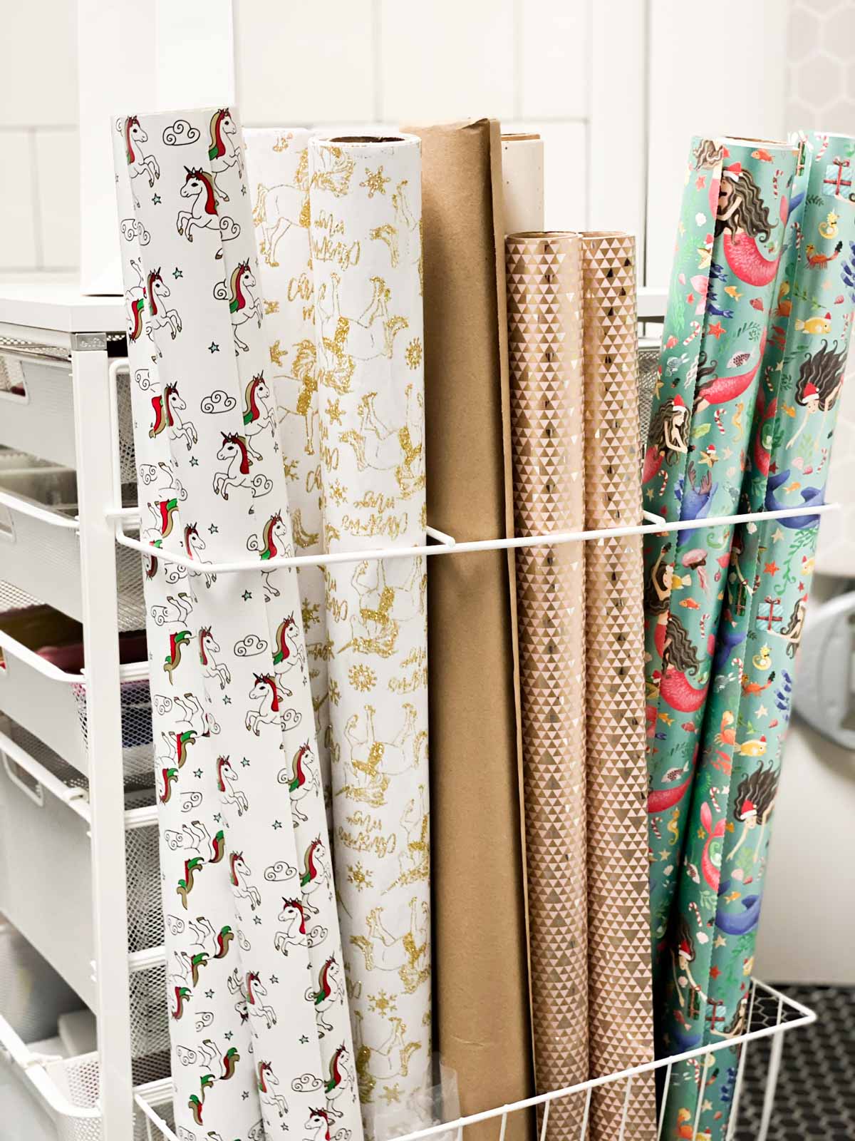 gift wrap cart gift wrap station white tile laundry room