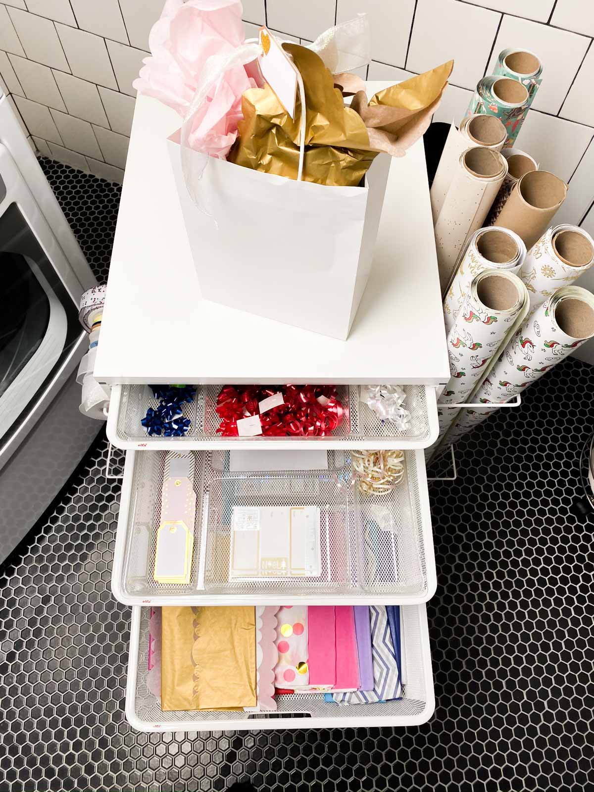 gift wrap cart gift wrap station white tile laundry room