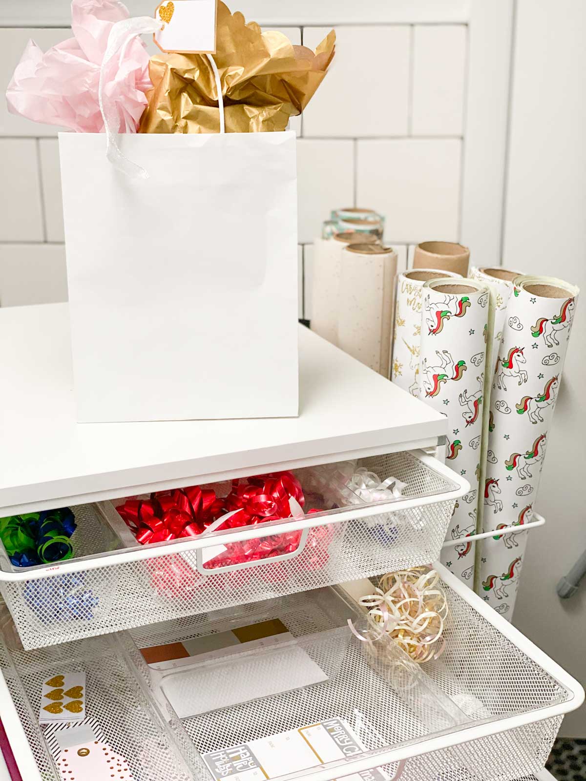 gift wrap cart gift wrap station white tile laundry room