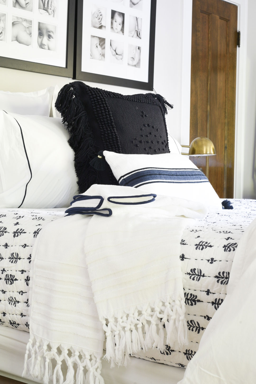white bedding blue pillows #masterbedroom