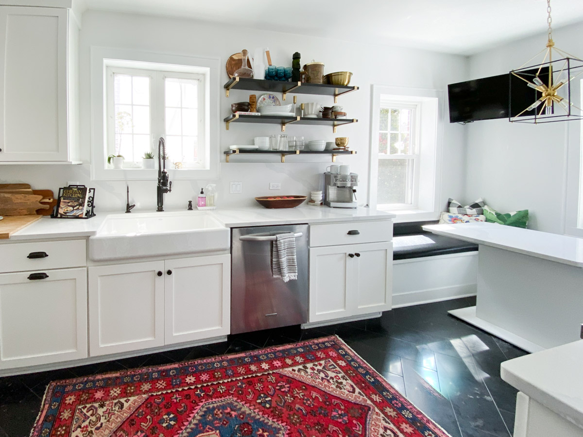 Dream Kitchen Tour with open shelving full height quartz backsplash and countertop. For more visit @homewithkeki #kitchendesign #openshelving #quartzcountertops #quartzbacksplash 